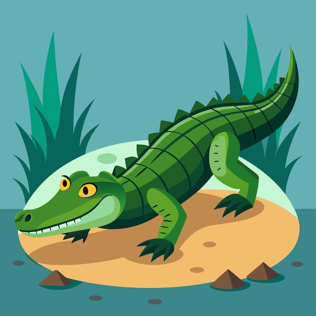Zielony aligator z ostrymi zębami, długim ogonem, łuszczącą się skórą i pazurami