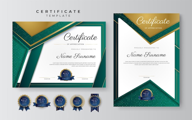 Zielony Czarno-złoty Certyfikat Osiągnięcia Granicy Szablon Z Luksusową Odznaką I Nowoczesnym Wzorem Linii Dla Potrzeb Biznesowych I Edukacyjnych