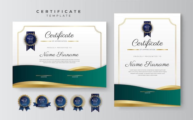 Zielony Czarno-złoty Certyfikat Osiągnięcia Granicy Szablon Z Luksusową Odznaką I Nowoczesnym Wzorem Linii Na Potrzeby Biznesowe I Edukacyjne Nagrody Szablon Certyfikatu Wektorowego