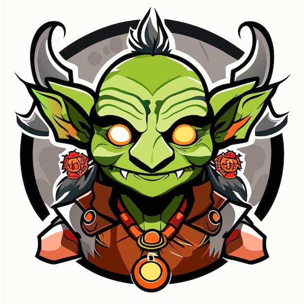 Plik wektorowy zielony goblin lub troll maskotka e-sport gier ręcznie narysowana płaska stylowa naklejka kreskówkowa