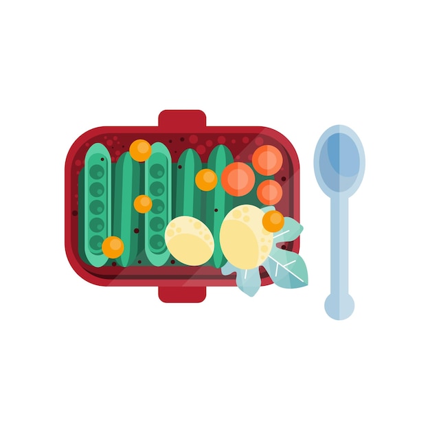 Zielony groszek w strąkach pomidory i ziemniaki na lunch box wektor ilustracja na białym tle