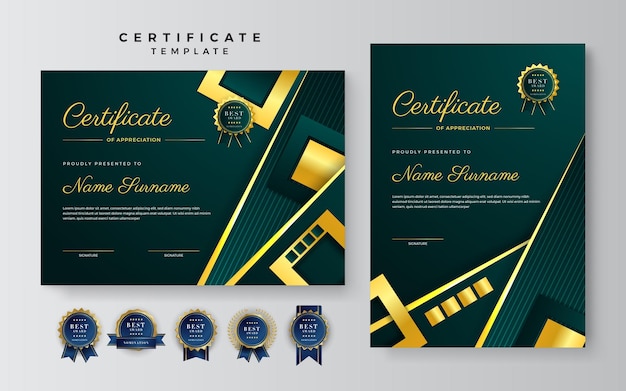 Zielony I Złoty Certyfikat Szablonu Granicy Osiągnięć Z Luksusową Odznaką I Nowoczesnym Wzorem Linii Dla Potrzeb Biznesowych I Edukacyjnych