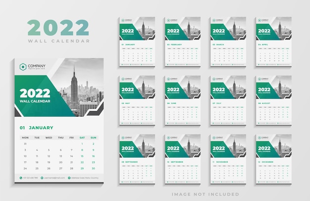 Plik wektorowy zielony kolor nowoczesny projekt kalendarza ściennego 2022