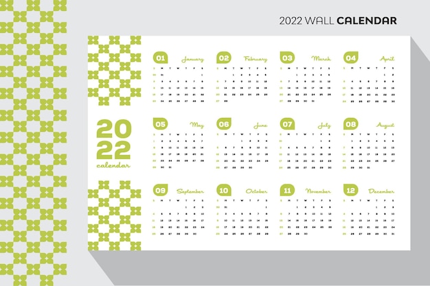 Plik wektorowy zielony kolorowy wzór liścia 2022 minimalny krajobrazowy kalendarz ścienny