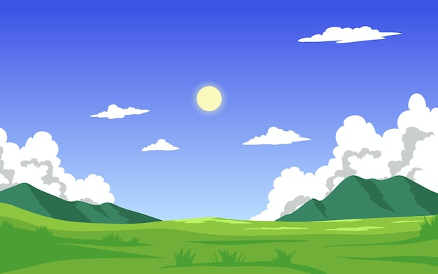 Plik wektorowy zielony krajobraz z wektorem ilustracji kreskówki nieba