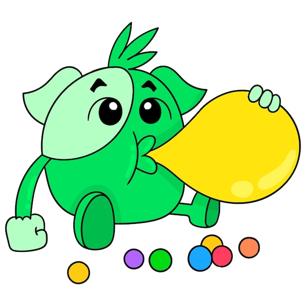 Zielony ładny Potwór Siedzi Dmuchanie Balonów Gumy Do żucia, Ilustracji Wektorowych Sztuki. Doodle Ikona Obrazu Kawaii.