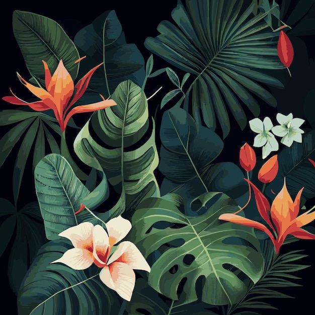 Zielony las tropikalny tło monstera pozostawia liście palmowe gałęzie Egzotyczne rośliny tło dla szablonu banera wystrój pocztówki Abstrakcyjne liście i tapeta botaniczna Wektor