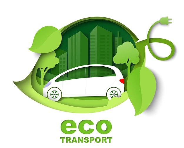Plik wektorowy zielony liść z elektrycznym samochodem miasto budynek sylwetki wektor wycinany z papieru ilustracja miasto eco transp...