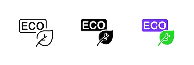 Plik wektorowy zielony liść z napisem eko ekologia uratować planetę środowisko rośliny zielona energia zero odpadów wektor zestaw ikon w stylach czarno-kolorowych na białym tle