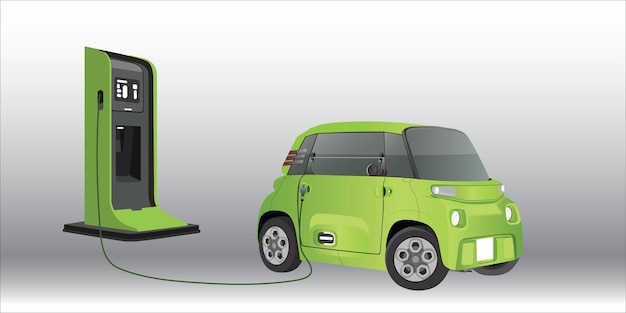 Zielony samochód elektryczny na stacji ładowania Pojazd jest ładowany Bateria pojazdu elektrycznego jest podłączona