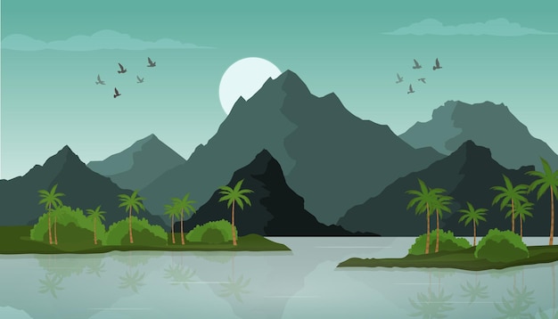 Plik wektorowy zielony tropikalny krajobraz z palmami kokosowymi, górami i jeziorem