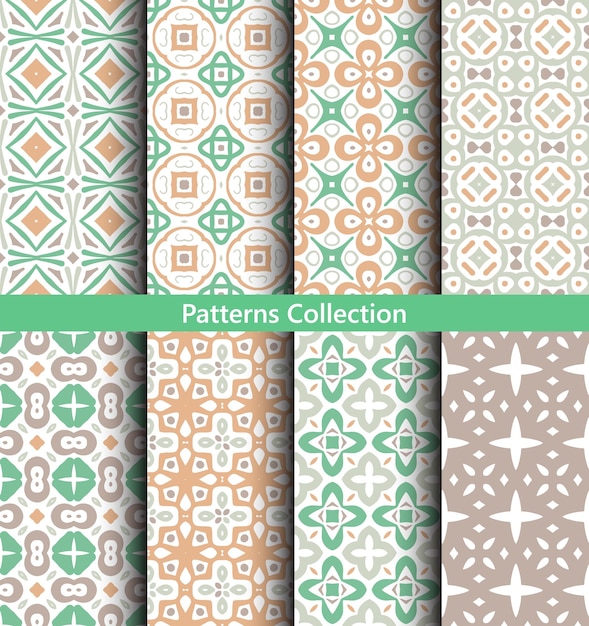 Zielony zestaw bezszwowych wzorów Elegancki pastelowy ornament do tapety tkaniny papier zaproszenia druk stylizowany damask wektorowy tło Czarno-biały kwitnący motyw kwiatowy Niezwykły vintage