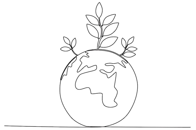 Plik wektorowy ziemia i liść na niej światowy dzień środowiska rysunek jednoliniowy