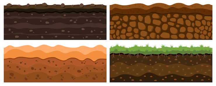 Wektor ziemia warstwy gruntu brudu gruntu zestaw geologia podziemne ziemie zbiór gliny pod skałą archeologia grę tła horyzontalny krajobraz pustynia i trawa pole ilustracja wektorowa tekstura