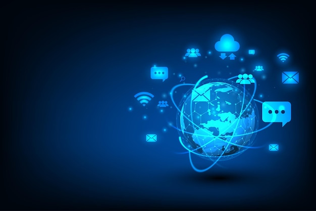 Ziemia z ikoną Koncepcja komunikacji i mediów społecznościowych Technologia łącząca abstrakcyjne tło