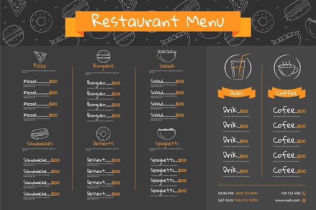 Plik wektorowy zilustrowano poziomy szablon menu restauracji