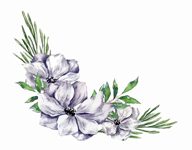 Zima ilustracja botaniczna anemony pozostawia pampas granicy ramki kwiatowy wzór