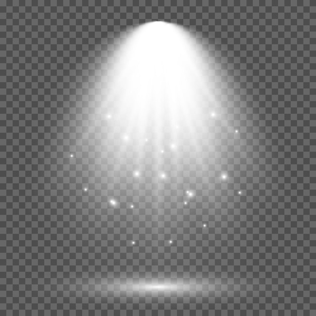 Zimnobiałe Oświetlenie Z Reflektorem. Efekty Podświetlenia Sceny Na Ciemnym Przezroczystym Tle. Ilustracja Wektorowa