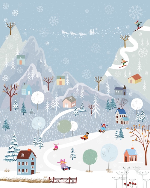 zimowa kraina czarów na wsi z pokrywą śnieżną, Zadowolony z jazdy na sankach dla dzieci w parku zimowym i para na nartach na górze