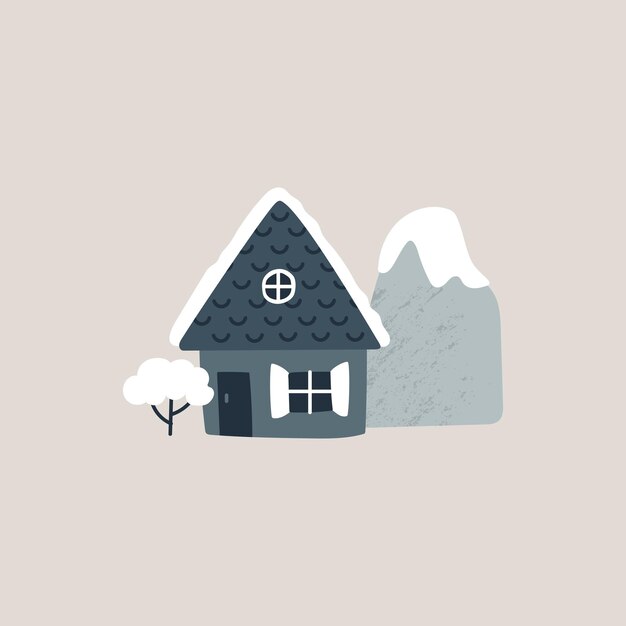 Plik wektorowy zimowa pocztówka ilustracja wektorowa z przytulnym domem zaspy krzew góry święta bożego narodzenia