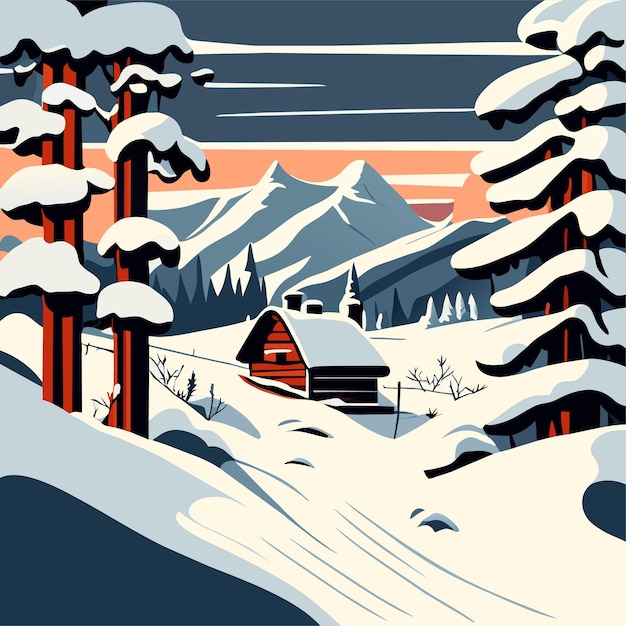 Plik wektorowy zimowa scena ze śnieżnym krajobrazem i lasem z górą w tle
