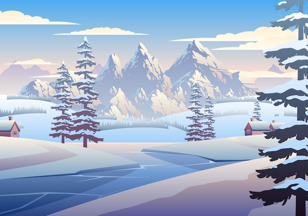 Zimowa wioska i góry ilustracja krajobraz