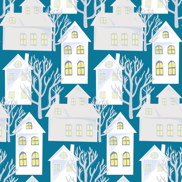 Zimowe Białe Domy Na Niebieskim Tle Bezszwowe Tło Bożonarodzeniowe Na Kartki Okolicznościowe Papiery Do Pakowania