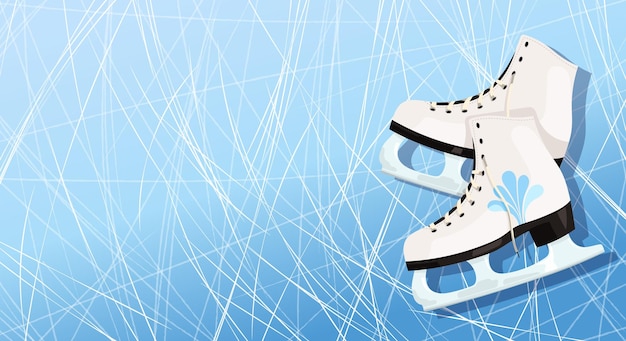 Plik wektorowy zimowe łyżwy figurowe na niebieskim tle lodowiska białe buty z ostrzami do sportu sezonowego kobieta tańcząca na sztandarze wydarzenia na lodzie plakat do zawodów weekendowych pokaż ilustrację wektorową ulotki czasowej