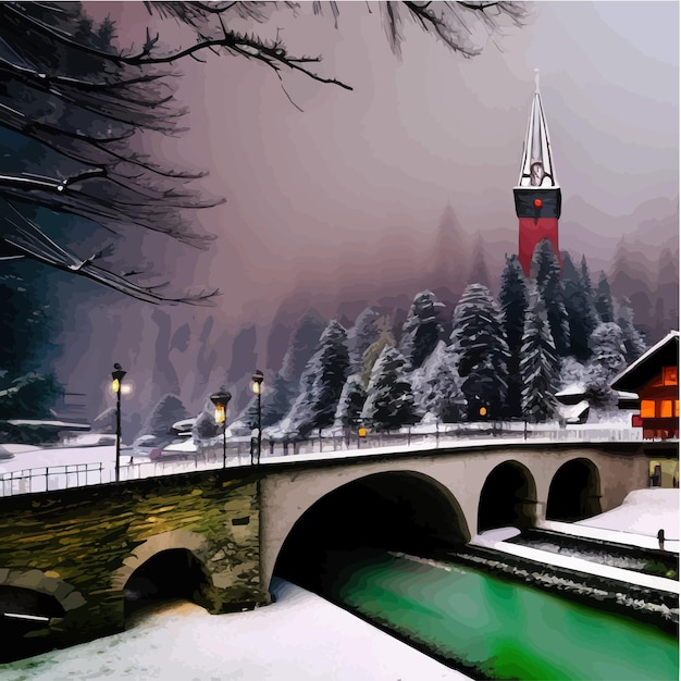 Plik wektorowy zimowe miasto z mostem nad rzeką obok dużego lasu sosnowego na tle fantazji gór