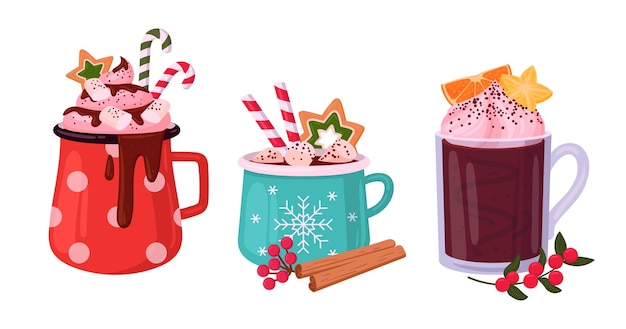 Zimowe święta napoje świąteczne kubki gorących napojów uroczyste kubki z gorącym kakao z marshmallow i cynamon kijki dekoracja płaski wektorowy zestaw ilustracji Xmas gorące napoje kubki na biały