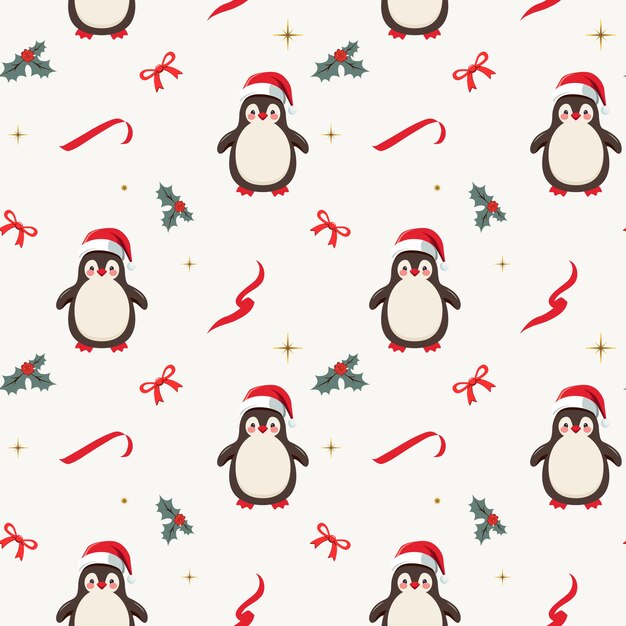 Zimowy bezszwowy wzór z uroczym pingwinem w kapeluszu wzory Xmas świąteczne tło Nowy rok