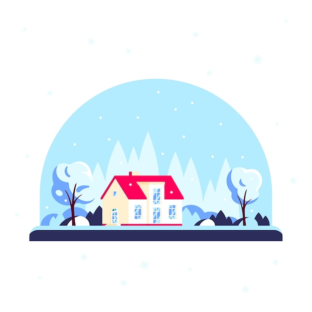 Plik wektorowy zimowy dom w lesie, zimowy krajobraz z drzewami w domu rodzinnym. pojęcie nieruchomości. ilustracja w stylu płaska konstrukcja