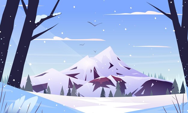 Zimowy krajobraz gór z sosnowym lasem i polem