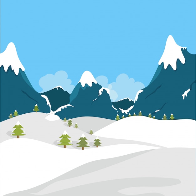 Plik wektorowy zimowy krajobraz z snowy pola i gór.