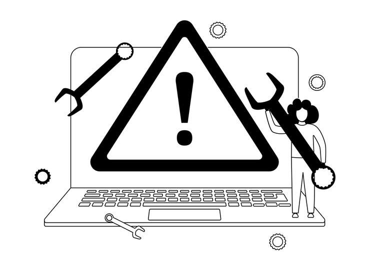 Wektor złamany laptop z błędem ostrzegający znak błędu na ekranie ilustracja konturów wektorowych