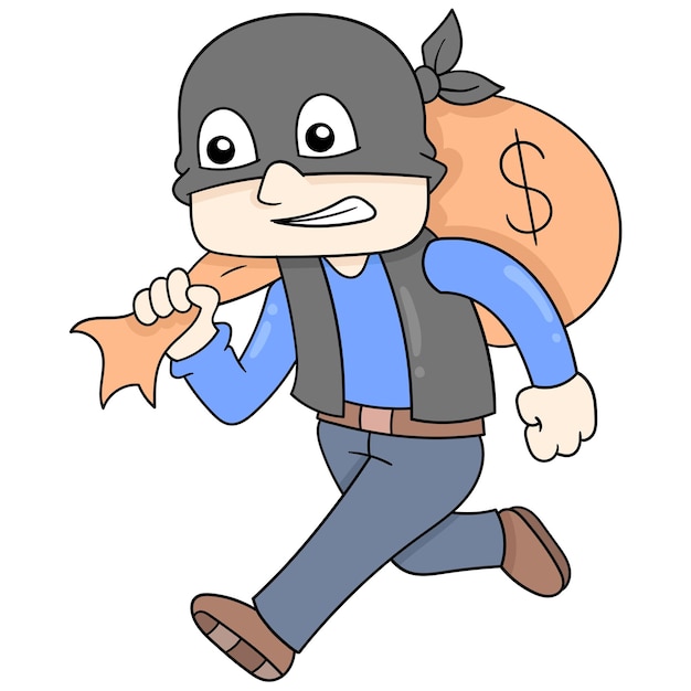 Plik wektorowy złodziej idzie podstępnie niosąc duży worek pieniędzy, ilustracji wektorowych sztuki. doodle ikona obrazu kawaii.