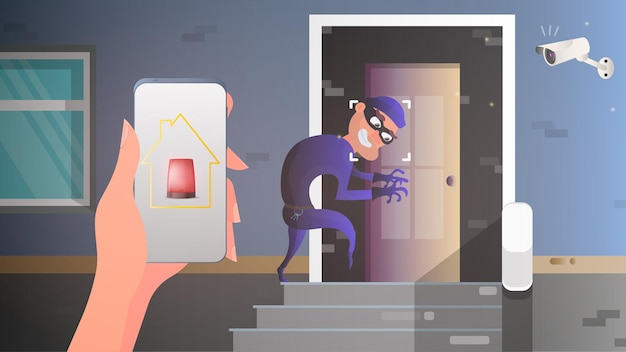Plik wektorowy złodziej próbuje dostać się do domu przez drzwi. bezpieczeństwo w domu. alarm. koncepcja bezpieczeństwa i ochrony.