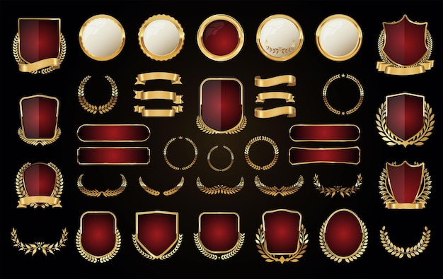 Plik wektorowy złota i czerwona odznaka tarczy i kolekcja wektorów wieniec laurowy
