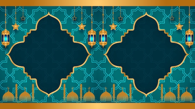 Złota islamska ramka z latarnią ramadan kareem arabski plakat ulotki granicznej