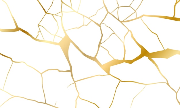 Złota kintsugi naprawia pęknięcia ilustracji wektorowej tekstury tła izolowanej na białym tle