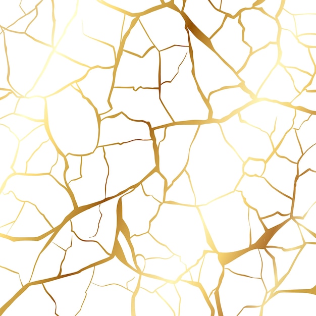 Złota kintsugi naprawia pęknięcia ilustracji wektorowej tekstury tła izolowanej na białym tle
