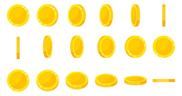 Plik wektorowy złota moneta 3d obraca się wokół różnych pozycji ustawionych dla animacji gier lub aplikacji