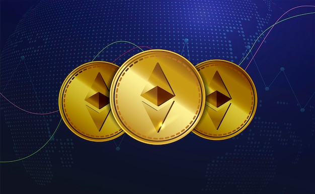 Złota moneta klasyczna waluta Ethereum. Nowoczesna technologia elektronicznej waluty kryptograficznej. Baner tokenów rynku cyfrowych kryptowalut. . Ilustracja wektorowa