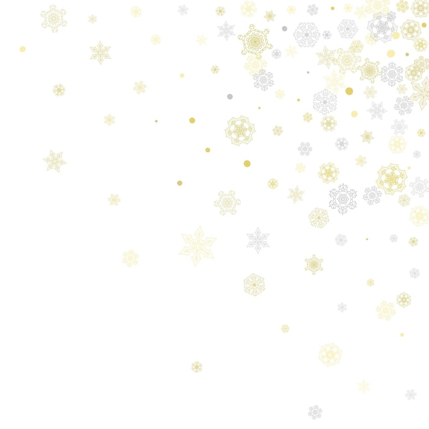 Złota ramka płatki śniegu na białym tle Motyw noworoczny Stylowa błyszcząca świąteczna ramka na świąteczny baner sprzedaż kart oferty specjalne Padający śnieg ze złotymi płatkami śniegu i brokatem na przyjęcie zaprosić