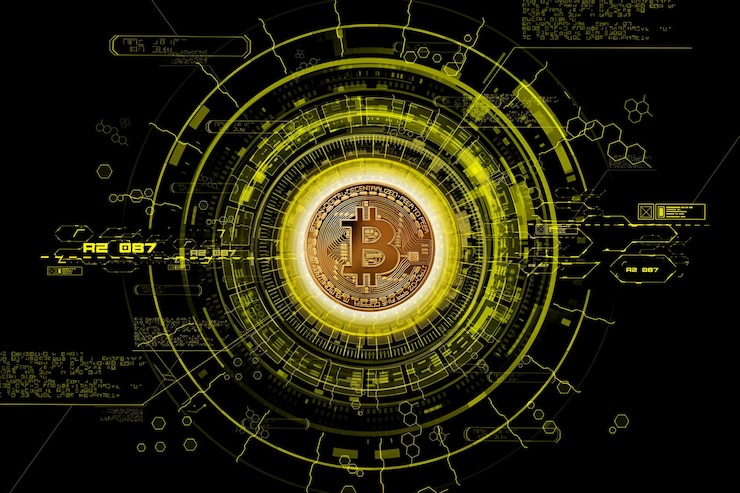 Wektor złota technologia blockchain bitcoin koncepcja izometryczna odpowiednia dla przyszłej technologii obraz wektorowy