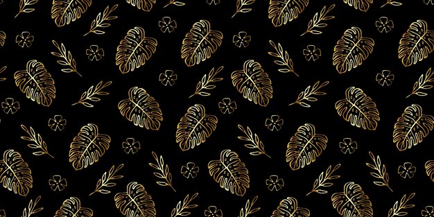 Złote liście monstera bezszwowy wzór na czarnym tle Ręcznie rysowane tropikalne liście golden