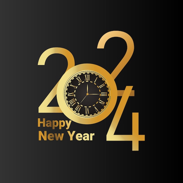 Plik wektorowy złote luksusowe logo 2024 szczęśliwego nowego roku 2024 z pozdrowieniami z zegarka