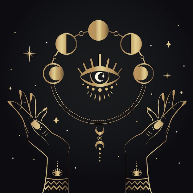 Złote magiczne ręcznie rysowane z faz księżyca ezoteryczne symbole i gwiazdy