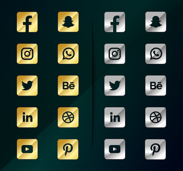 Złote Srebrne Ikony Mediów Społecznościowych. Pakiet Logo Mediów Społecznościowych