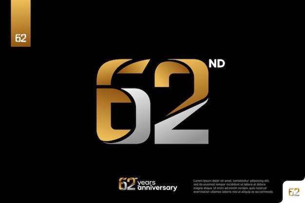 Złote, srebrne, logo nr 62 na czarnym tle, 62 urodziny, logo nr 62.